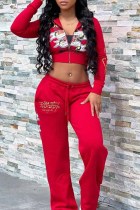 Red Street Print Letter Hooded Collar Long Sleeve Tracksuits Sweatsuit Two Pieces Hooded Cropped Jackets And Pants Sets Jogging Suit