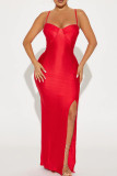 Rozerode elegante effen patchwork hoge opening lange jurk met spaghettibandjes