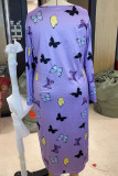 Robe de nuit violette décontractée à imprimé basique, col rond, manches longues, grande taille
