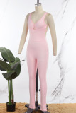 Rosa casual sportswear sólido sem costas com decote em v macacões magros