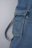 Azul Casual Sólido Patchwork Bolso Cintura Baixa Jeans Regular