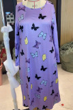 Фиолетовое повседневное платье для сна с живым принтом, базовое платье для сна с длинным рукавом и длинным рукавом большого размера