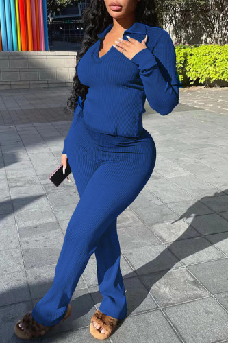 Azul Casual Patchwork Sólido Gola V Manga Longa Duas Peças