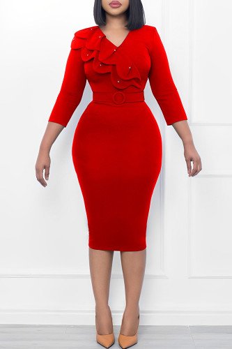 Красные повседневные однотонные платья-юбка-карандаш с V-образным вырезом и поясом