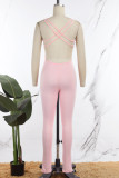 Rosa casual sportswear sólido sem costas com decote em v macacões magros