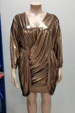 アンティーク真鍮のエレガントなソリッド包帯パッチワークバックレスフォールドVネック長袖ドレス