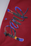 Rouge décontracté imprimé Patchwork cordon de serrage poche col rond manches longues deux pièces