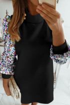 Zwarte elegante print pailletten patchwork knopen O-hals jurken met lange mouwen