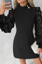 Zwarte elegante effen patchwork knopen O-hals jurken met lange mouwen