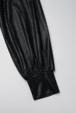 ブラックのエレガントなソリッド包帯パッチワーク斜め襟ルーズジャンプスーツ
