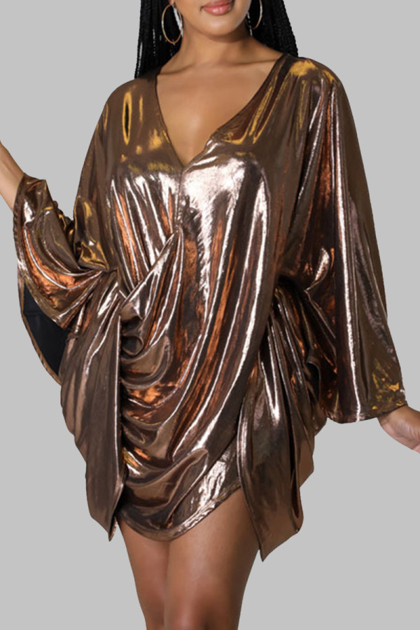 アンティーク真鍮のエレガントなソリッド包帯パッチワークバックレスフォールドVネック長袖ドレス