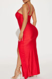 Vestidos longos vermelhos elegantes de patchwork sólido com abertura alta e alças finas