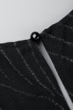 Macacão preto casual patchwork sólido com decote em V plus size