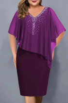 Фиолетовые повседневные платья в стиле пэчворк с V-образным вырезом и юбкой в ​​один шаг