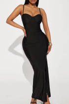 Schwarzes, elegantes, solides Patchwork-Kleid mit hohem Öffnungs-Spaghettiträger und langem Kleid