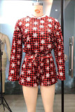 Red Casual Print Patchwork Draw String Christmas Day Sleepwear
