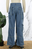 Blue Casual Solid Patchwork Pocket Low Waist Regular Denim Jeans