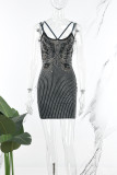 黒のセクシーなパッチワーク ホット ドリリング バックレス スパゲッティ ストラップ ラップ スカート ドレス (実際のオブジェクトを対象としています)