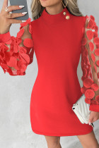 Rote, elegante, einfarbige Patchwork-Kleider mit Knöpfen und O-Ausschnitt und langen Ärmeln