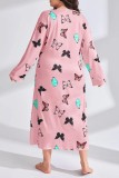 ライトピンクカジュアルリビングプリントベーシックOネック長袖プラスサイズパジャマドレス