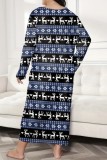 Tibetan Blue Casual Living Print Basic O Neck Long Sleeve Plus Size Sleepwear Dress