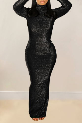 Black Sexy Elegant Backless Sequined Turtleneck Long Sleeve Dresses