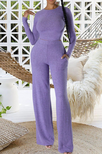 Light Purple Casual Solid Patchwork Pocket O Neck Long Sleeve Two Pieces
