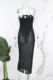 Schwarzes, sexy, solides, ausgehöhltes Patchwork-Schlitz-Mesh-Hot-Drill-trägerloses langes Kleid