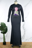 ブラック カジュアル プリント パッチワーク O ネック ロング ドレス プラス サイズ ドレス