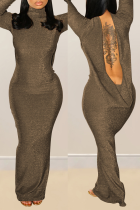 Светло-коричневые сексуальные элегантные платья с открытой спиной и блестками, водолазкой и длинными рукавами