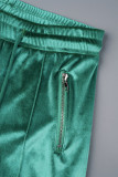 Grün, lässig, einfarbig, Patchwork, Kordelzug, Tasche, Reißverschluss, Umlegekragen, lange Ärmel, zweiteilig