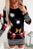 Red White Casual Print Basic O Neck Long Sleeve Dresses