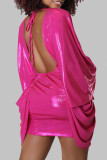 Vestidos de manga comprida rosa elegante sólido bandagem patchwork sem costas com decote em V