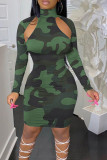 Grey Street Camouflage Print Hollowed Out Patchwork Turtleneck Wrapped Skirt Dresses
