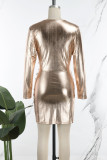 Dourado casual sólido patchwork com decote em V vestidos de manga comprida