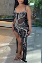 Noir Sexy Patchwork Hot Drilling Transparent Dos Nu Slit Spaghetti Strap Robes Longues