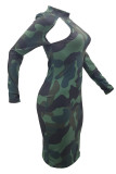 Army Green Street Camouflage Print Hollowed Out Patchwork Turtleneck Wrapped Skirt Dresses
