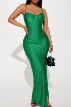 Grünes, elegantes, solides Patchwork-Kleid mit hohem Öffnungs-Spaghettiträger und langem Kleid