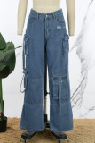 Blaue, lässige, einfarbige Jeans mit Patchwork-Tasche und niedriger Taille und normaler Taille