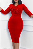 Красные повседневные однотонные платья-юбка-карандаш с V-образным вырезом и поясом