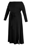 Черные повседневные однотонные платья больших размеров с разрезом и открытыми плечами с длинными рукавами