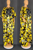 Gelbe, lässig bedruckte, Patchwork-Kleider mit asymmetrischem Kragen und bedrucktem Kleid