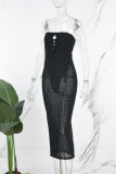 Schwarzes, sexy, solides, ausgehöhltes Patchwork-Schlitz-Mesh-Hot-Drill-trägerloses langes Kleid