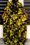 Gelbe, lässig bedruckte, Patchwork-Kleider mit asymmetrischem Kragen und bedrucktem Kleid