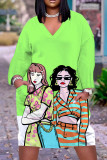 Vestidos de manga larga con cuello en V básicos con estampado casual verde