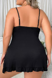 Vestido de pijama preto sexy vivo sólido patchwork sem costas com alça espaguete plus size com suspensório