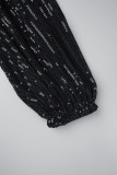 Macacão regular preto casual patchwork lantejoulas frênulo decote em V