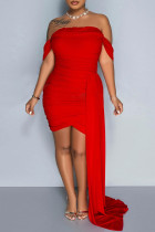 Red Sexy Solid Backless Off the Shoulder Wrapped Skirt Dresses
