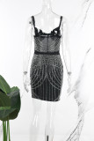 Zwarte Sexy Patchwork Hot Drilling See-through Backless Spaghetti Strap Wrapped Skirt Jurken