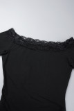 ブラックのセクシーなソリッドレースパッチワークオフショルダーラップスカートドレス